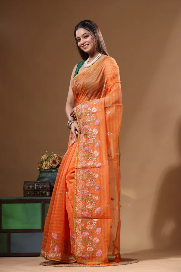 ORANGE_SUPERNET_with_COMPUTER_EMBROIDERY_Saree_with_Blouse_Piece