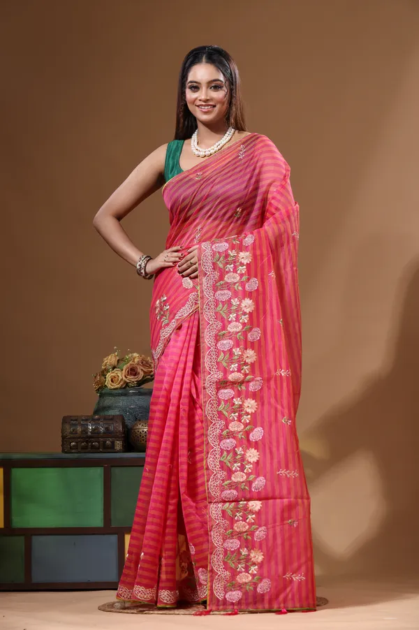 RANI_PINK_SUPERNET_with__EMBROIDERY_Saree_with_Blouse_Piece