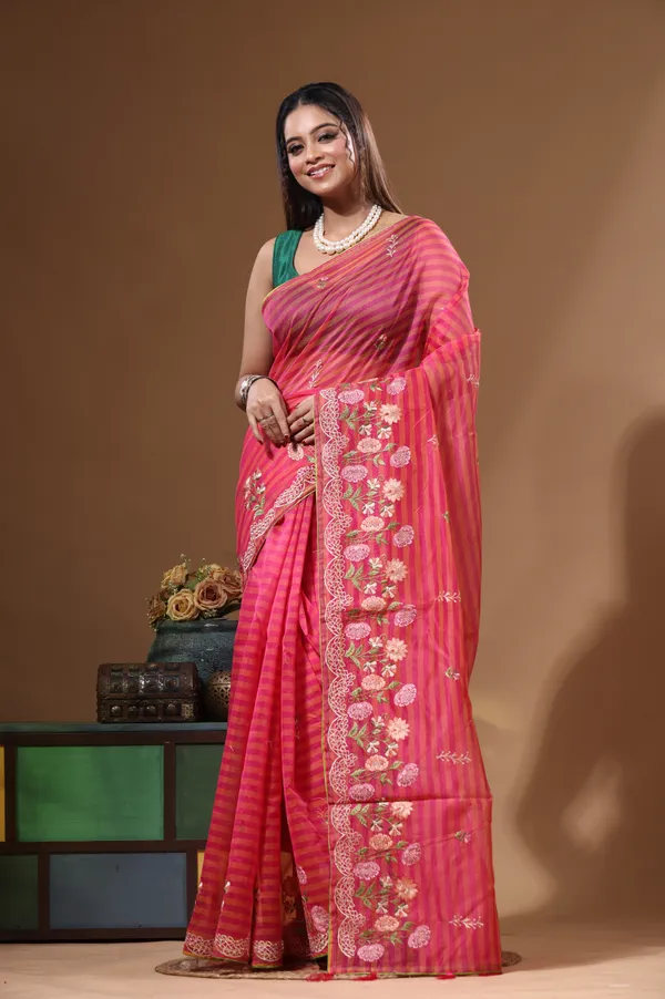 RANI_PINK_SUPERNET_with__EMBROIDERY_Saree_with_Blouse_Piece