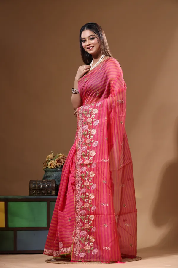 RANI_PINK_SUPERNET_with__EMBROIDERY_Saree_with_Blouse_Piece