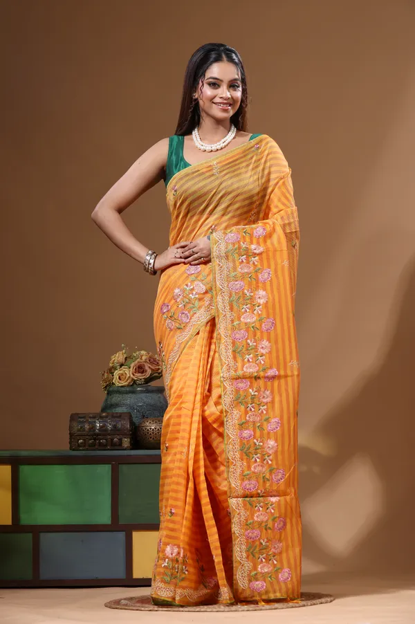 YELLOW_SUPERNET_with__EMBROIDERY_Saree_with_Blouse_Piece