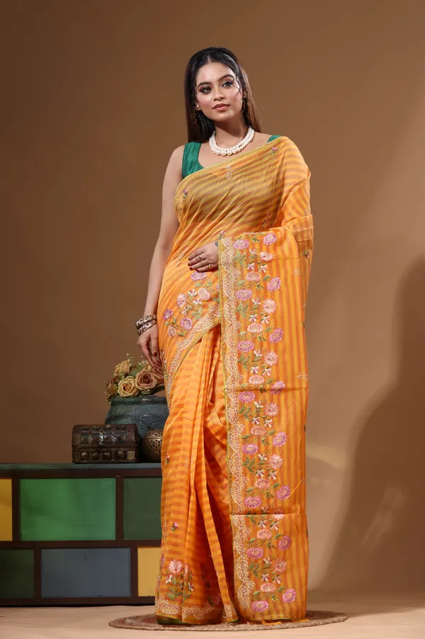 YELLOW_SUPERNET_with__EMBROIDERY_Saree_with_Blouse_Piece