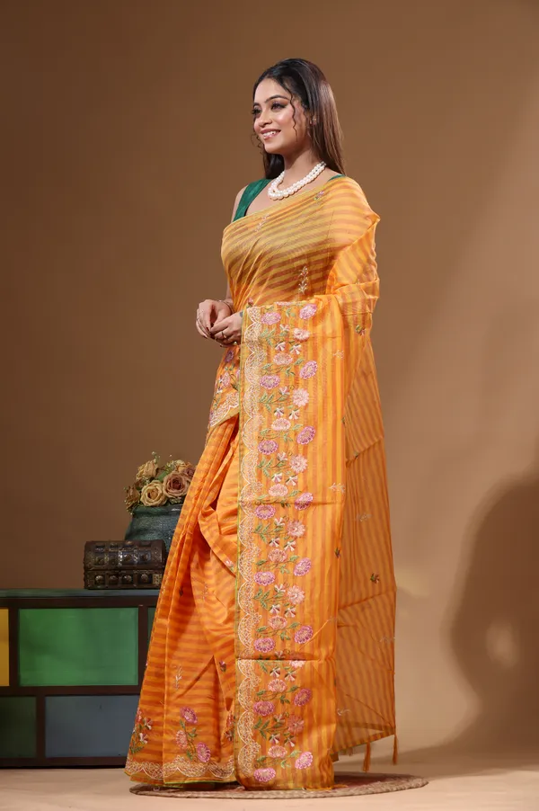 YELLOW_SUPERNET_with__EMBROIDERY_Saree_with_Blouse_Piece