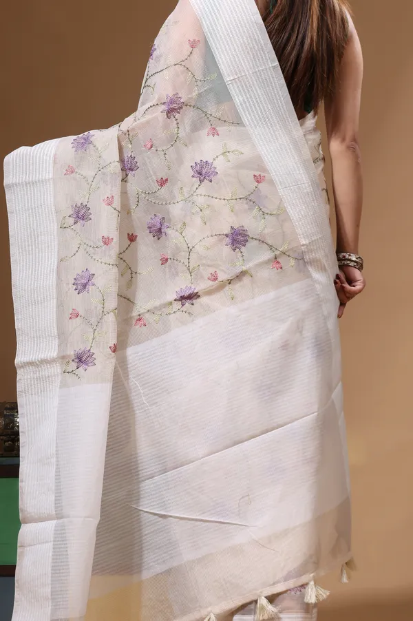 OFF-WHITE_SUPERNET_with__EMBROIDERY_Saree_with_Blouse_Piece