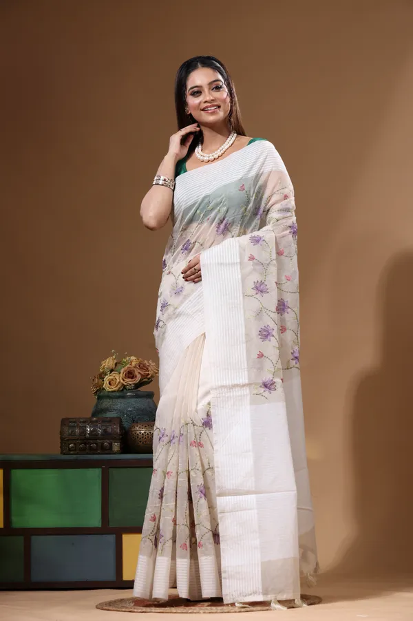 OFF-WHITE_SUPERNET_with__EMBROIDERY_Saree_with_Blouse_Piece