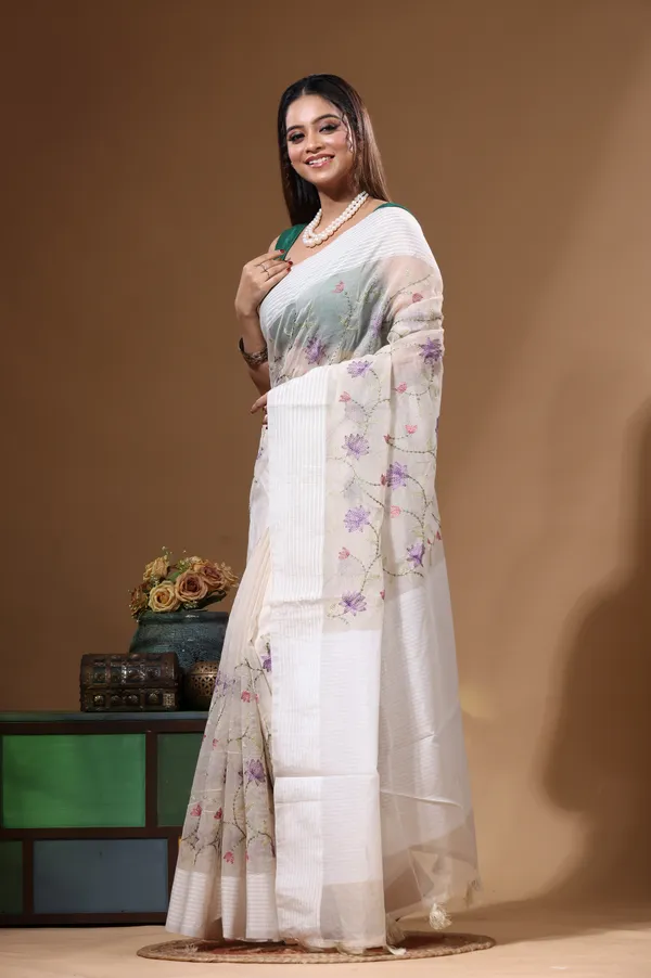 OFF-WHITE_SUPERNET_with__EMBROIDERY_Saree_with_Blouse_Piece