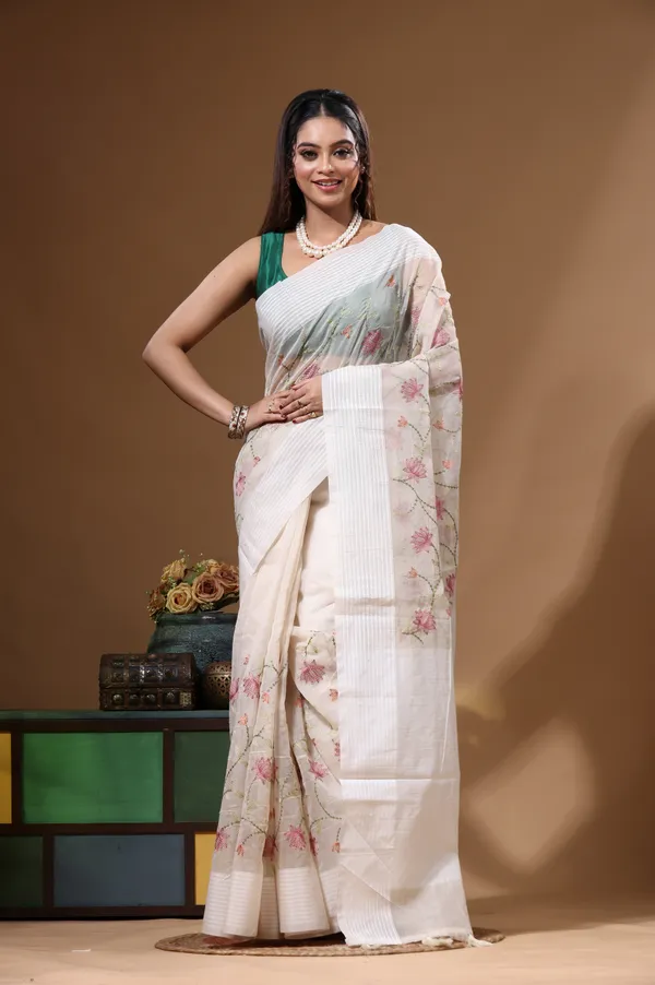 OFF-WHITE_SUPERNET_with__EMBROIDERY_Saree_with_Blouse_Piece
