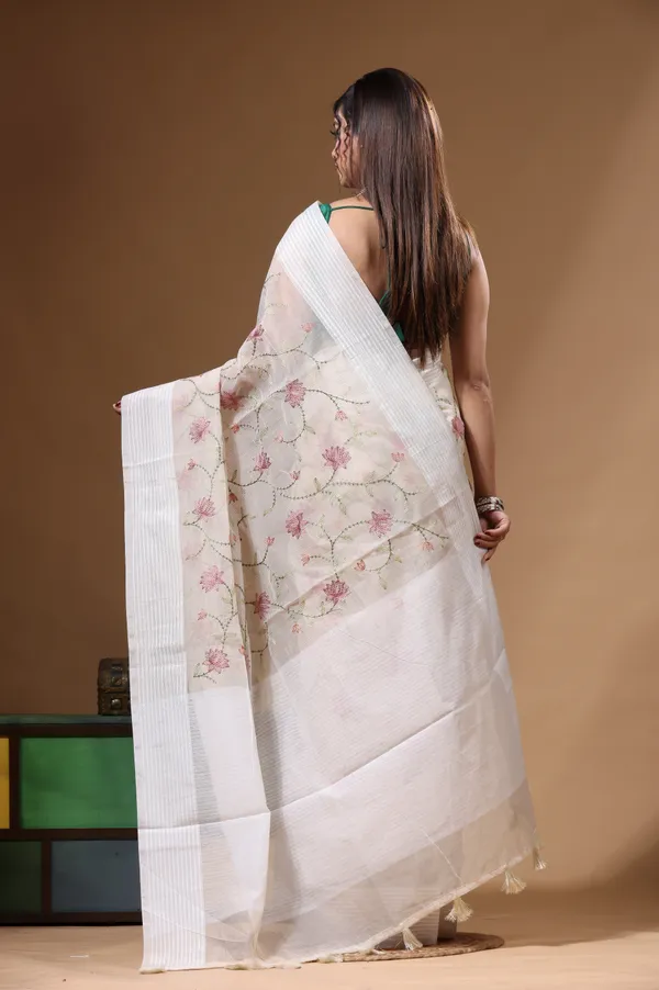 OFF-WHITE_SUPERNET_with__EMBROIDERY_Saree_with_Blouse_Piece