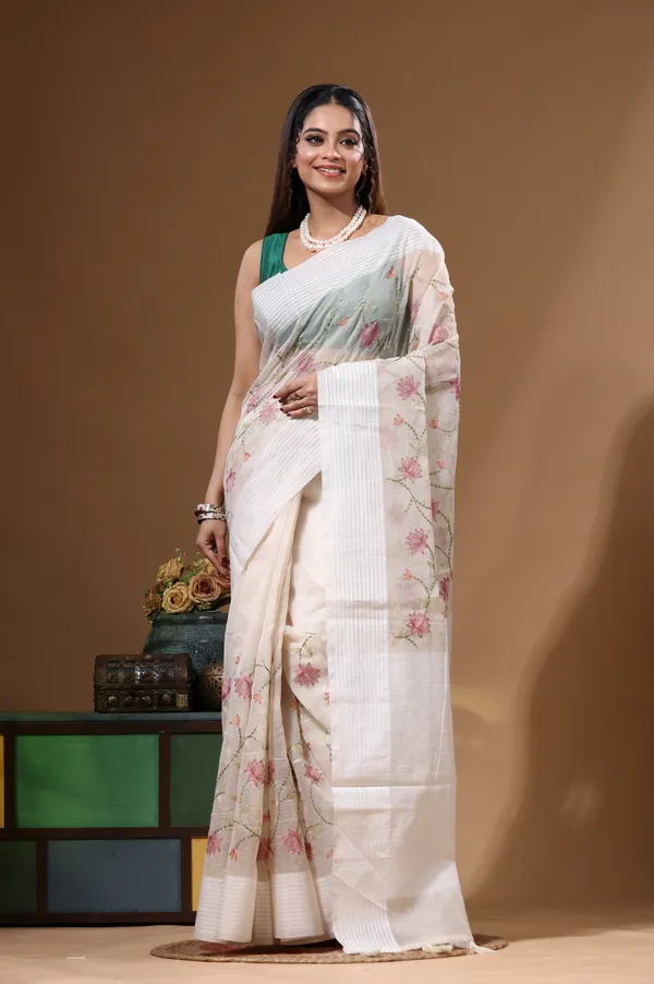 OFF-WHITE_SUPERNET_with__EMBROIDERY_Saree_with_Blouse_Piece