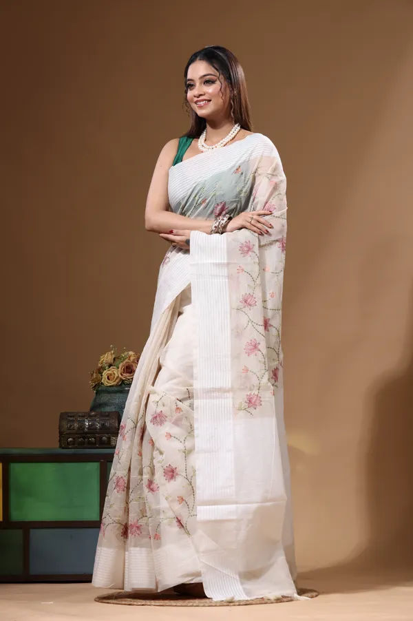 OFF-WHITE_SUPERNET_with__EMBROIDERY_Saree_with_Blouse_Piece