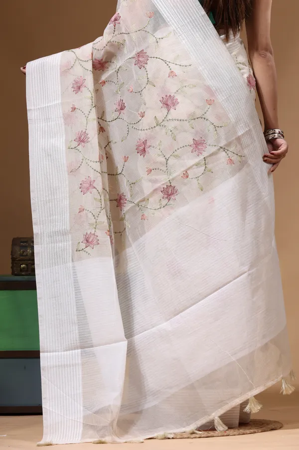 OFF-WHITE_SUPERNET_with__EMBROIDERY_Saree_with_Blouse_Piece