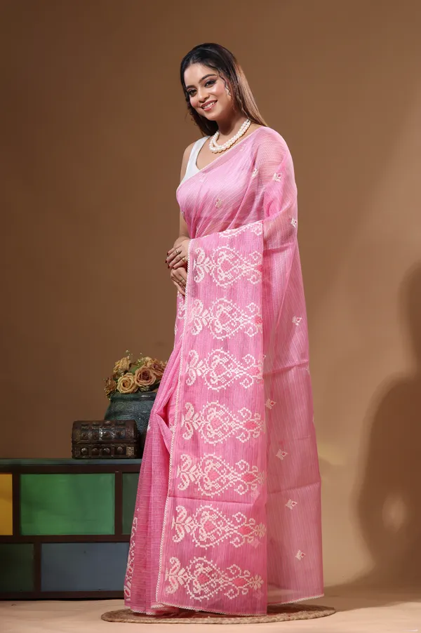 PINK_SUPERNET_with__EMBROIDERY_Saree_with_Blouse_Piece