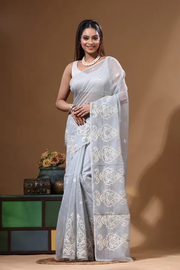 GREY_SUPERNET_with__EMBROIDERY_Saree_with_Blouse_Piece
