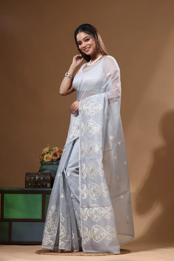 GREY_SUPERNET_with__EMBROIDERY_Saree_with_Blouse_Piece