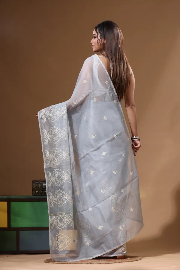GREY_SUPERNET_with__EMBROIDERY_Saree_with_Blouse_Piece