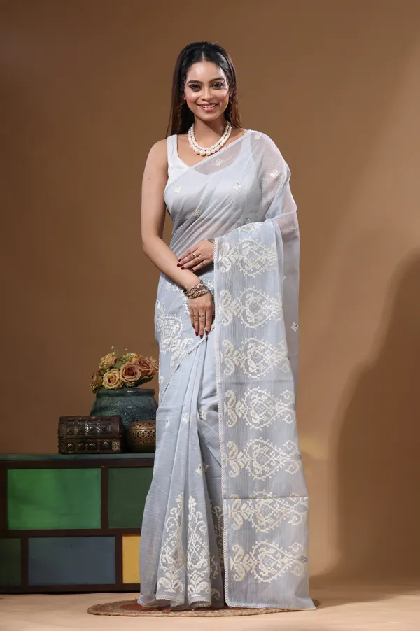 GREY_SUPERNET_with__EMBROIDERY_Saree_with_Blouse_Piece