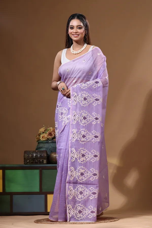 LAVENDAR_SUPERNET_with__EMBROIDERY_Saree_with_Blouse_Piece