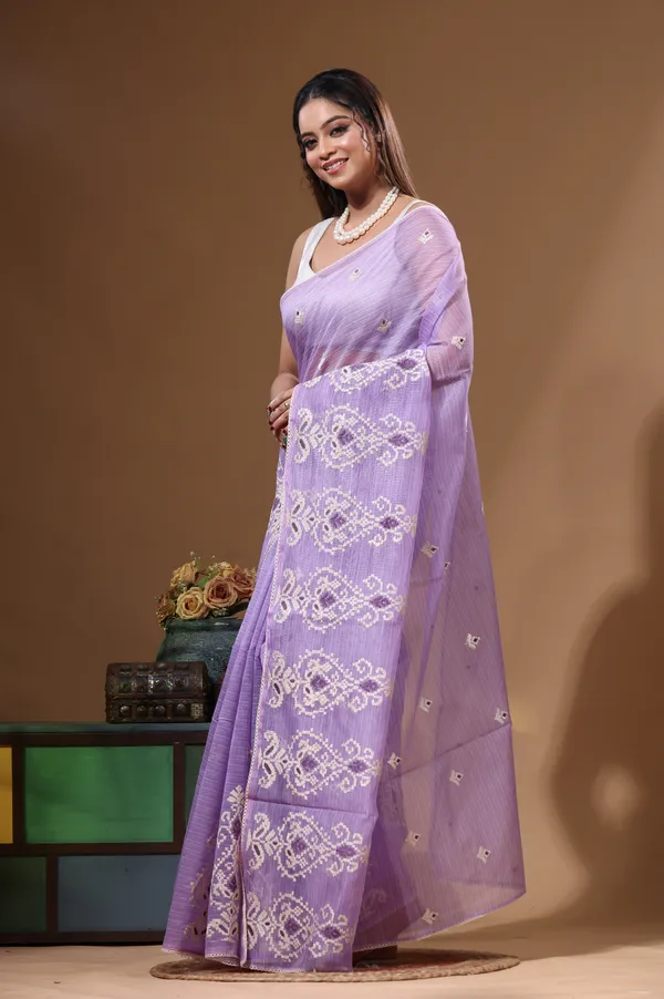 LAVENDAR_SUPERNET_with__EMBROIDERY_Saree_with_Blouse_Piece