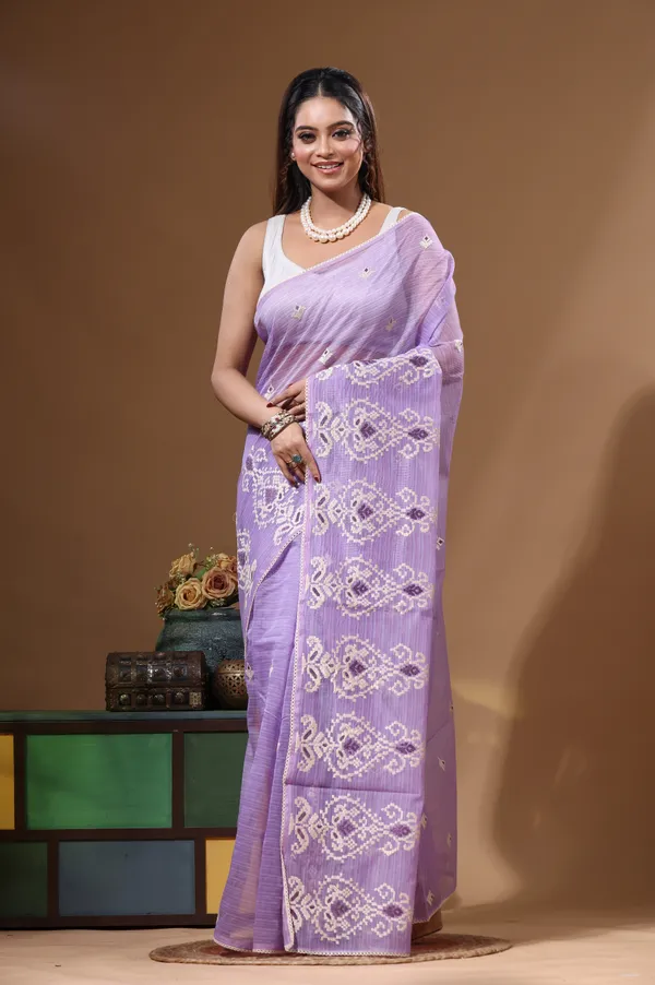 LAVENDAR_SUPERNET_with__EMBROIDERY_Saree_with_Blouse_Piece