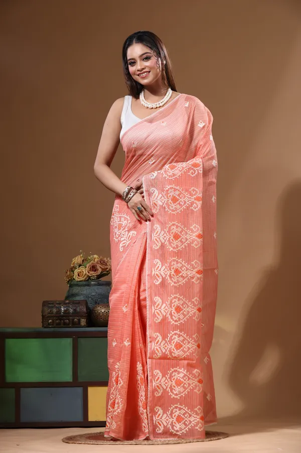 PEACH_SUPERNET_with__EMBROIDERY_Saree_with_Blouse_Piece