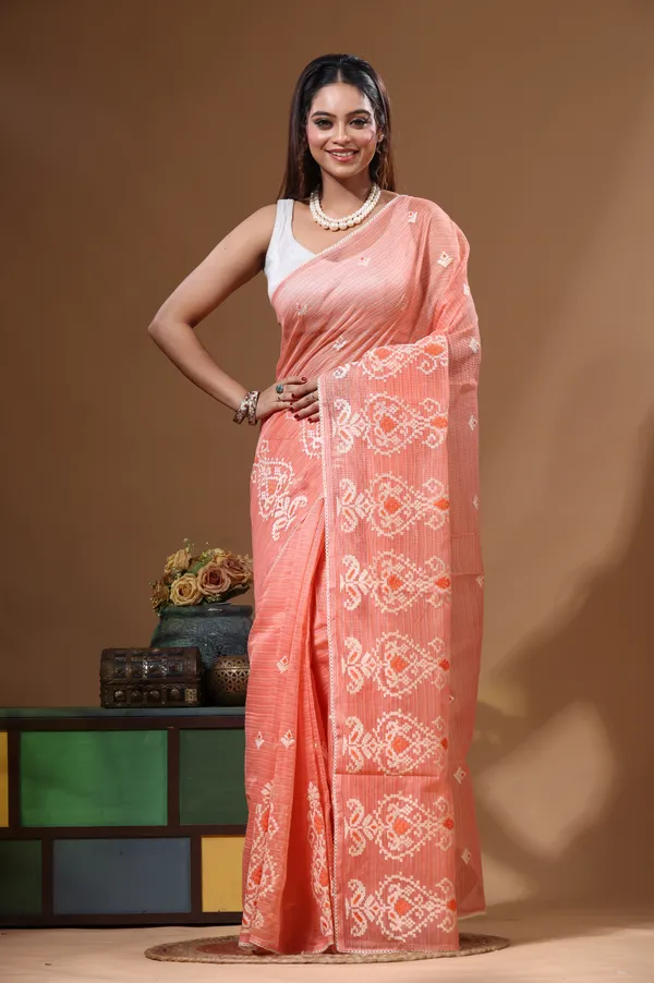 PEACH_SUPERNET_with__EMBROIDERY_Saree_with_Blouse_Piece