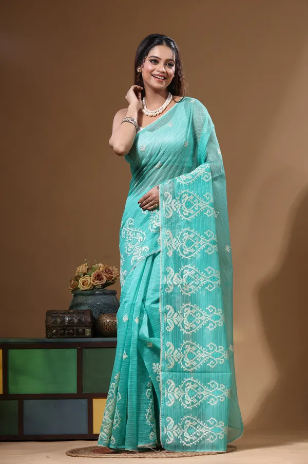 SEA_GREEN_SUPERNET_with__EMBROIDERY_Saree_with_Blouse_Piece