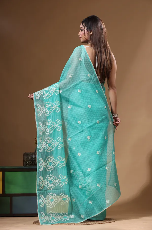 SEA_GREEN_SUPERNET_with__EMBROIDERY_Saree_with_Blouse_Piece