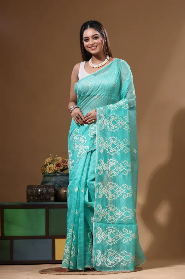 SEA_GREEN_SUPERNET_with__EMBROIDERY_Saree_with_Blouse_Piece