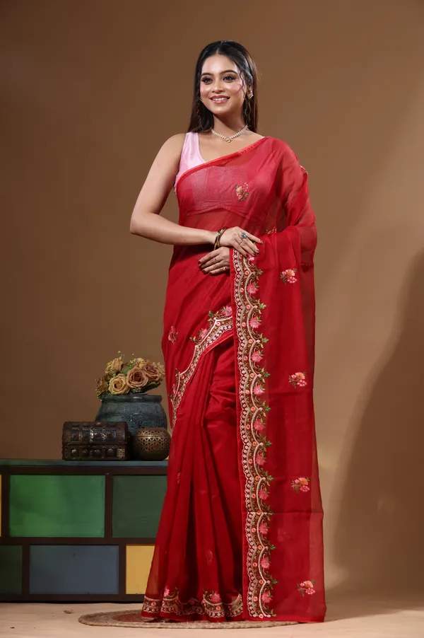RED_SUPERNET_with__EMBROIDERY_Saree_with_Blouse_Piece