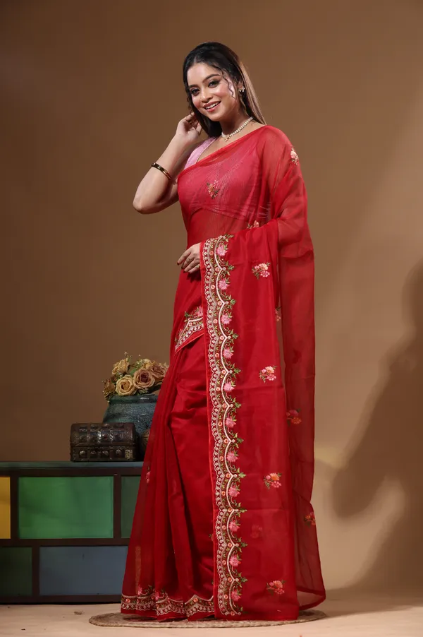 RED_SUPERNET_with__EMBROIDERY_Saree_with_Blouse_Piece