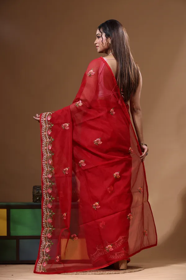 RED_SUPERNET_with__EMBROIDERY_Saree_with_Blouse_Piece