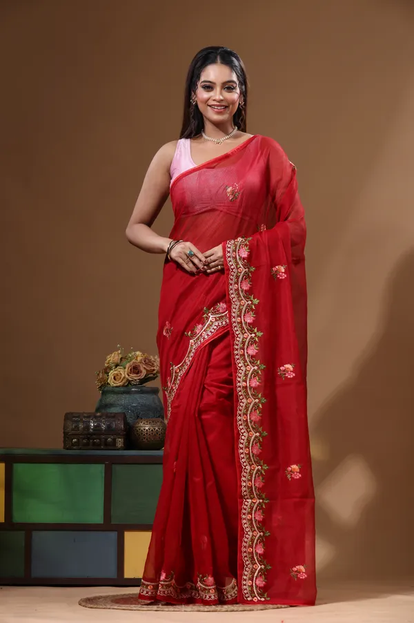 RED_SUPERNET_with__EMBROIDERY_Saree_with_Blouse_Piece