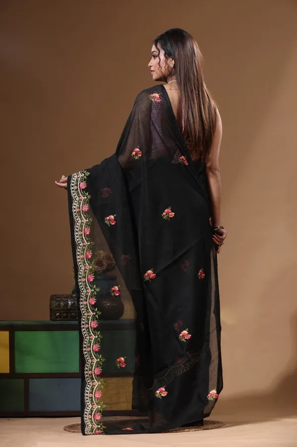 BLACK_SUPERNET_with__EMBROIDERY_Saree_with_Blouse_Piece