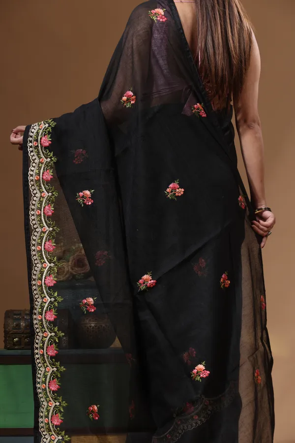 BLACK_SUPERNET_with__EMBROIDERY_Saree_with_Blouse_Piece