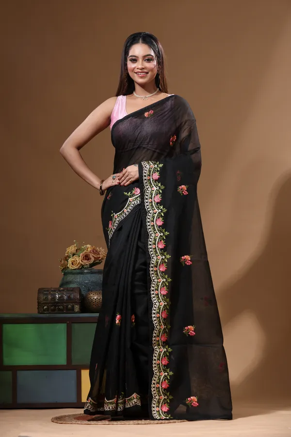 BLACK_SUPERNET_with__EMBROIDERY_Saree_with_Blouse_Piece