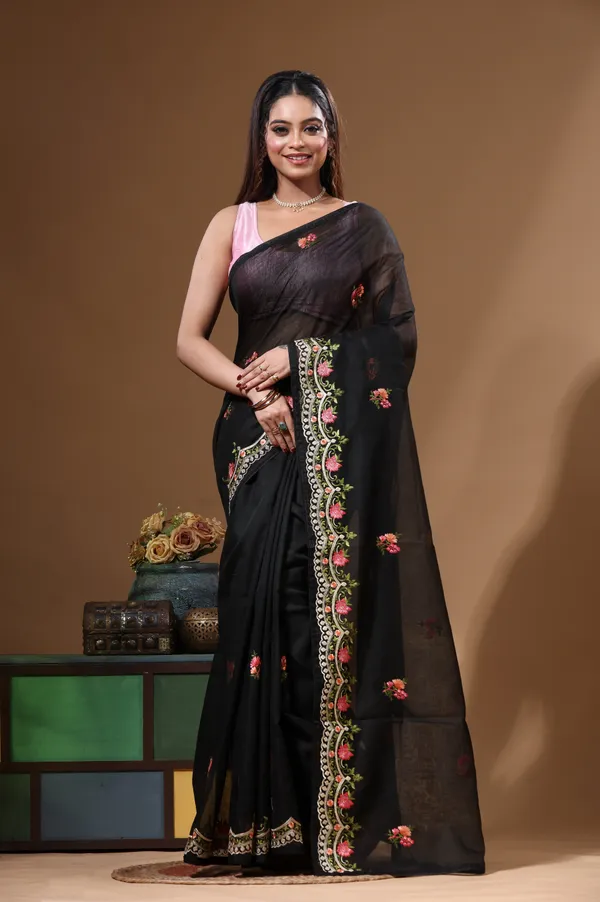 BLACK_SUPERNET_with__EMBROIDERY_Saree_with_Blouse_Piece