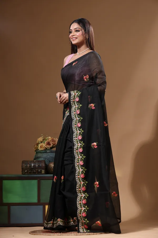 BLACK_SUPERNET_with__EMBROIDERY_Saree_with_Blouse_Piece