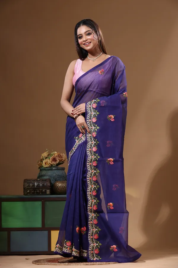 DARK_BLUE_SUPERNET_with__EMBROIDERY_Saree_with_Blouse_Piece