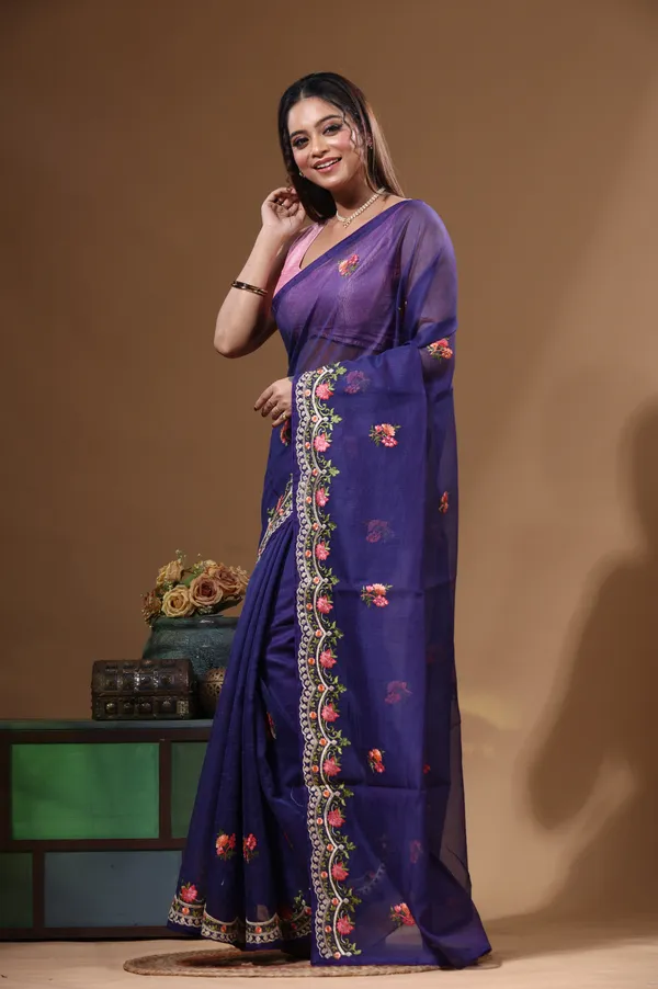 DARK_BLUE_SUPERNET_with__EMBROIDERY_Saree_with_Blouse_Piece