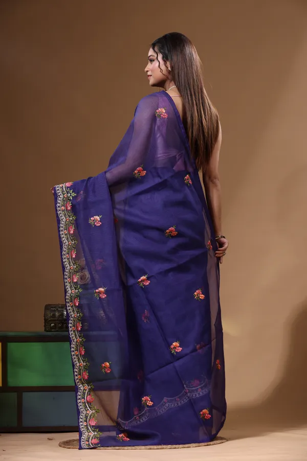DARK_BLUE_SUPERNET_with__EMBROIDERY_Saree_with_Blouse_Piece