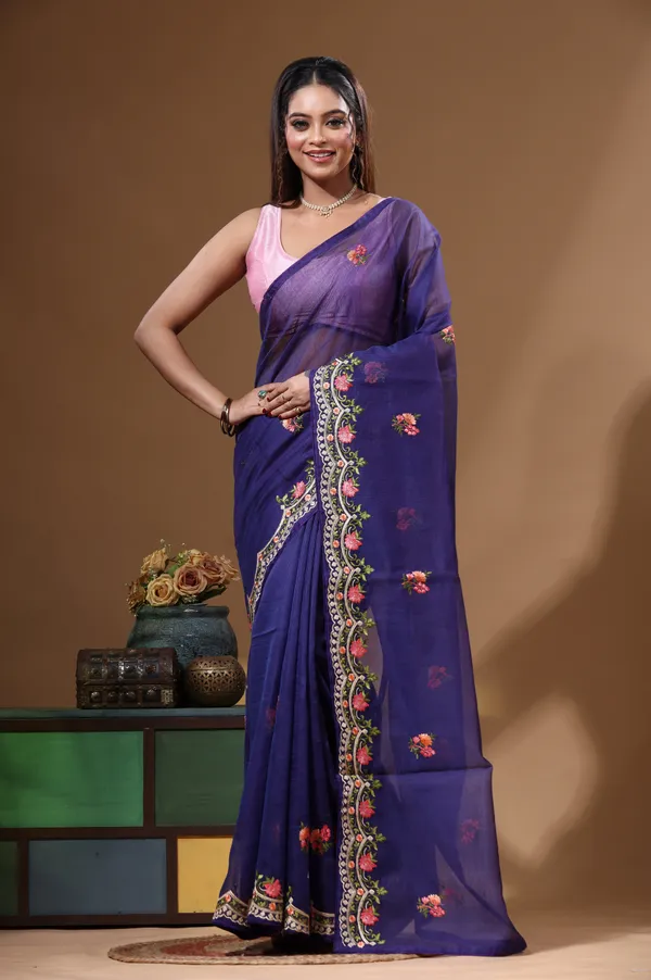DARK_BLUE_SUPERNET_with__EMBROIDERY_Saree_with_Blouse_Piece