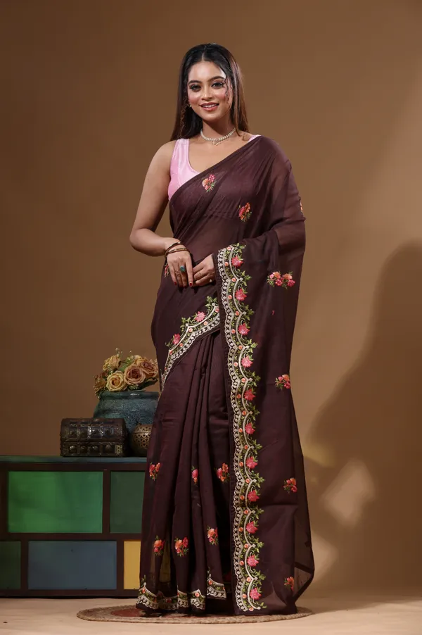 BROWN_SUPERNET_with__EMBROIDERY_Saree_with_Blouse_Piece