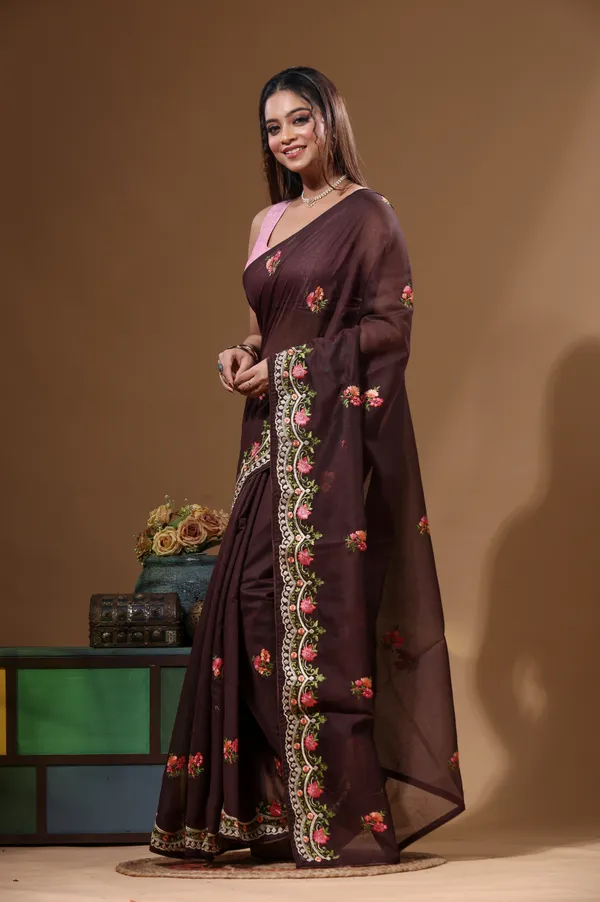 BROWN_SUPERNET_with__EMBROIDERY_Saree_with_Blouse_Piece