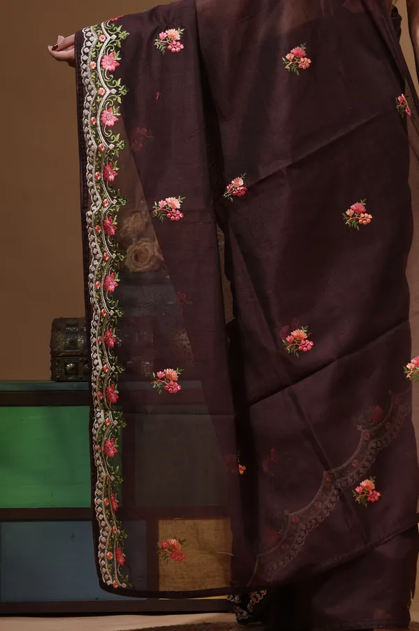 BROWN_SUPERNET_with__EMBROIDERY_Saree_with_Blouse_Piece