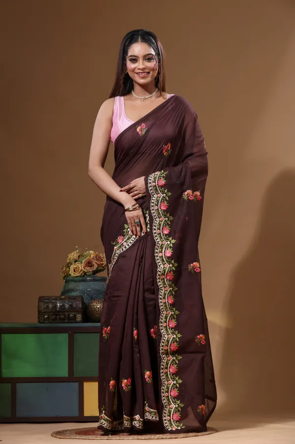 BROWN_SUPERNET_with__EMBROIDERY_Saree_with_Blouse_Piece