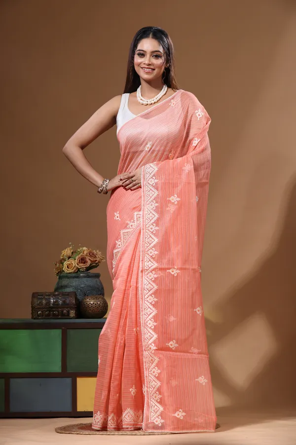 PEACH_SUPERNET_with__EMBROIDERY_Saree_with_Blouse_Piece