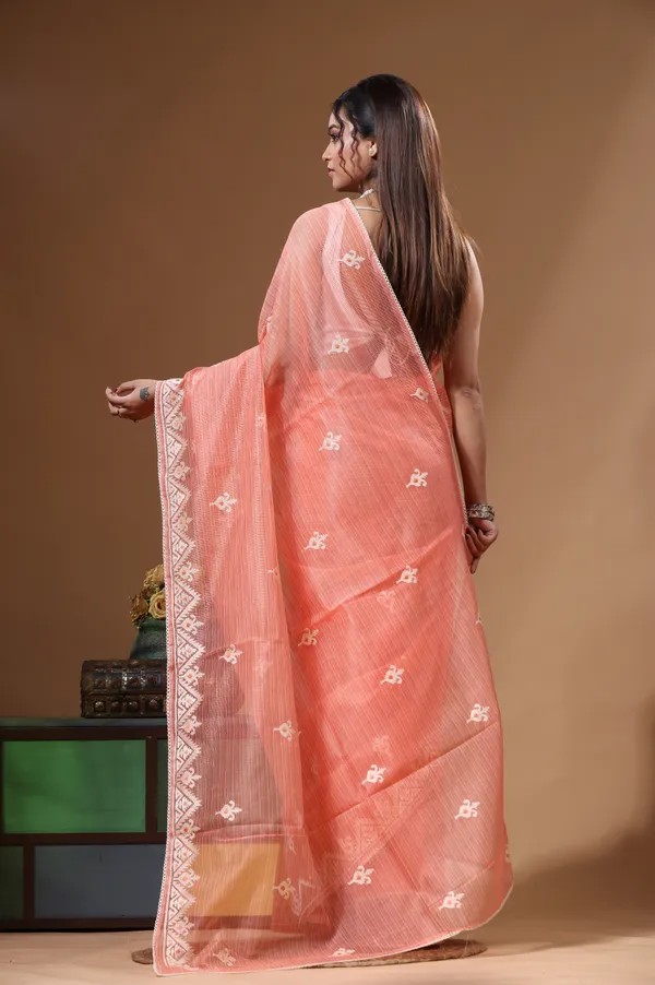 PEACH_SUPERNET_with__EMBROIDERY_Saree_with_Blouse_Piece