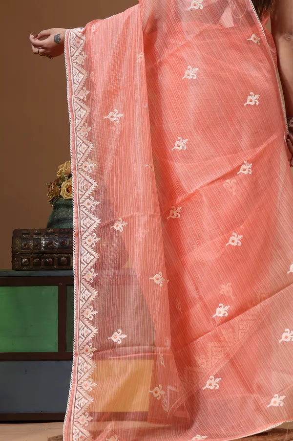 PEACH_SUPERNET_with__EMBROIDERY_Saree_with_Blouse_Piece