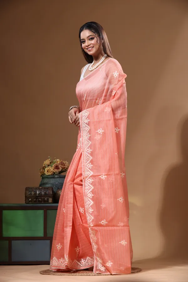 PEACH_SUPERNET_with__EMBROIDERY_Saree_with_Blouse_Piece