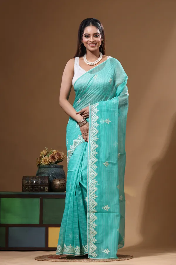 SEA_GREEN_SUPERNET_with__EMBROIDERY_Saree_with_Blouse_Piece